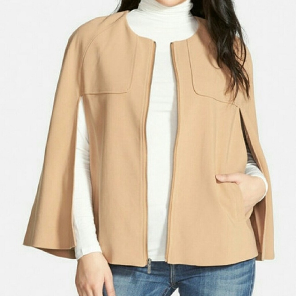 Halogen Camel Cape Jacket Zip Front Draped Sleeve Coat XS